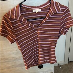 Ultra Flirt Rust Striped Collared V-Neck Crop Top
